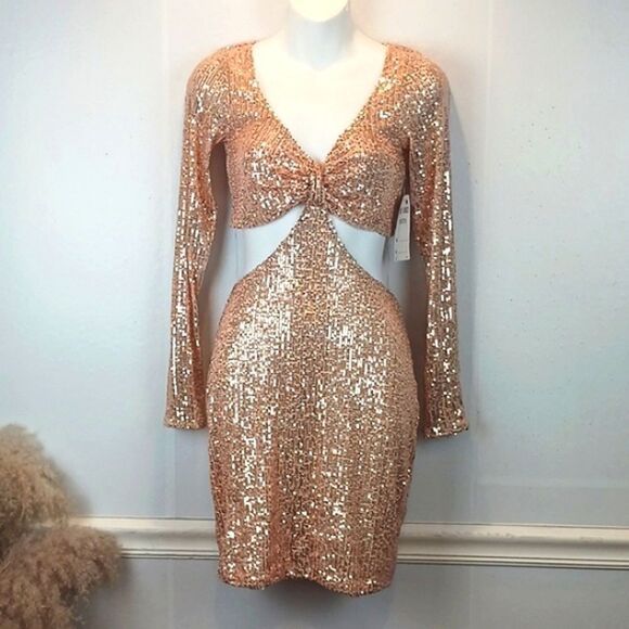 BEAR DANCE Rose Gold/ peach sequin cut out mini dress size small - Picture 3 of 11